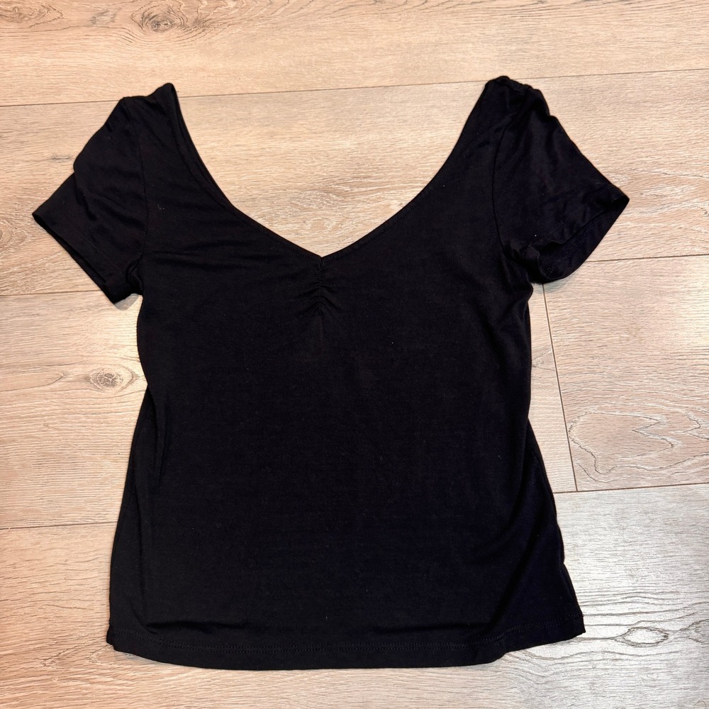 TEN SIXTY SHERMAN‎ Black Double V Neck Short Sleeve Womens Top Size Medium M